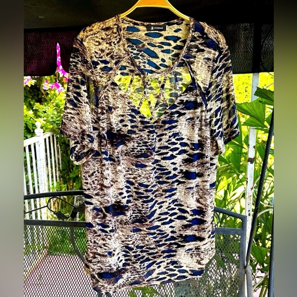 Brown and Black Animal Print Blouse with Cut-Out Neckline
